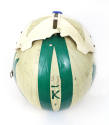 Rear view of helmet with green and off -white reflective tape stripes and letter "K" in center