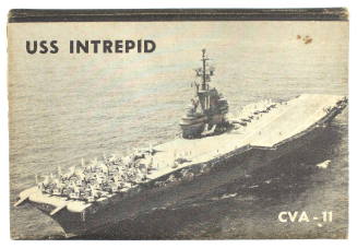 Cover of calendar, black and white image of USS Intrepid at sea, port bow view, text reads "USS…