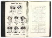 Spiral bound calendar open to headshots of heads of departments on the left page and the monthl…