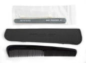 Black Concorde comb and case, with plastic bag containing a nail file and cotton swab