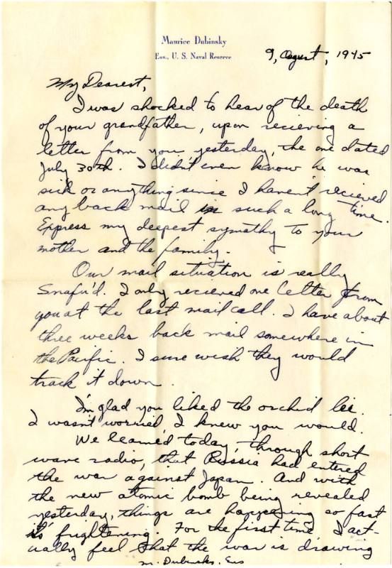 First page of handwritten letter with blue ink on personalized stationary addressed to My Deare…