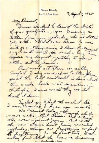 First page of handwritten letter with blue ink on personalized stationary addressed to My Deare…
