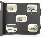 Black scrapbook page with five black and white photographs, features aircraft landing on USS In…