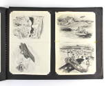 Black scrapbook page open to four Edward Ritter cartoons showing images of aircraft flying and …