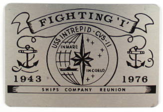 Silver commemorative card from a ships company reunion in 1976, featuring the USS Intrepid seal…