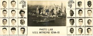 Inside of a holiday card showing headshots of USS Intrepid’s photo lab crew with a black and wh…