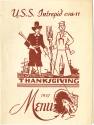 Cover of a Thanksgiving menu from 1957 with a drawing of a pilgrim, sailor and a turkey