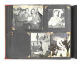 Scrapbook page with four black and white photographs, one is of a man playing the ukulele and t…