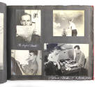 Scrapbook page with four black and white photographs of sailors reading, playing baseball, smok…