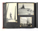 Scrapbook page with three black and white photographs of the flight deck, one features sailors …
