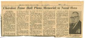 Printed newspaper clipping titled "Cherokee Fame Hall Plans Memorial to Naval Hero" with a phot…