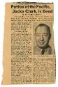 Printed newspaper clipping titled "Patton of the Pacific, Jocko Clark, is Dead" with a photogra…