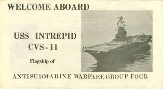Cover of booklet with black and white image of aircraft carrier USS Intrepid on right, text rea…