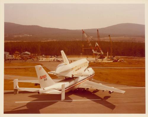 Color photograph of space shuttle Enterprise on the runway