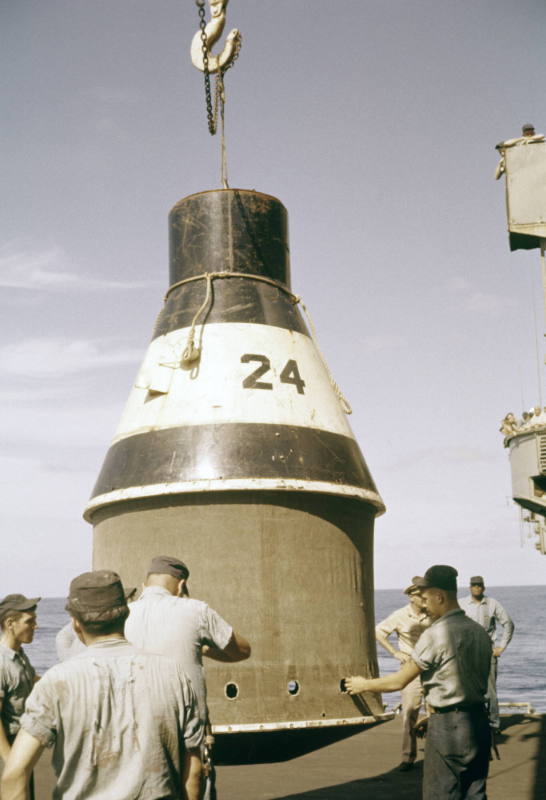 Color photograph of the practice black and white capsule for Mercury-Atlas 7 NASA mission