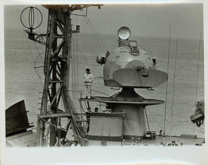 Black and white photograph of the island of a Russian destroyer