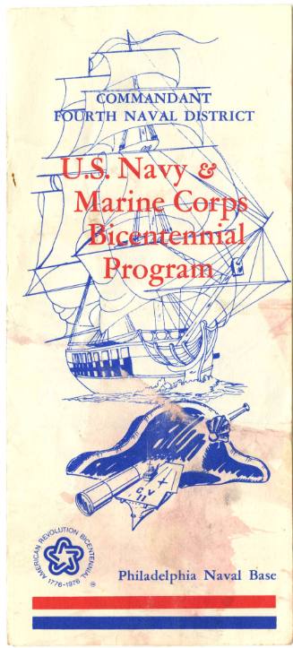 Program cover, images of tall mast ship and bicorn hat and musket, text reads “Commandant Fourt…