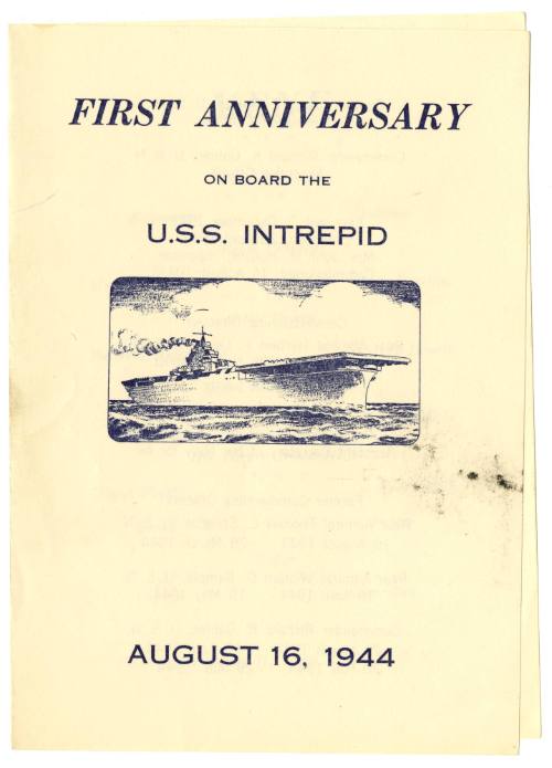 Cover of USS Intrepid first anniversary menu from August 16, 1944, with drawing of aircraft car…