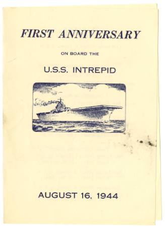 Cover of USS Intrepid first anniversary menu from August 16, 1944, with drawing of aircraft car…