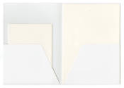 White folder open to show white envelopes in left pocket and white paper in right pocket