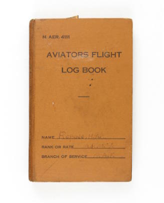 Orange hardcover book titled "Aviators Flight Log Book" with H.A. Repass written in the name fi…
