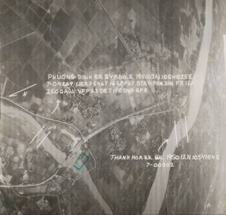 Black and white aerial reconnaissance photograph of Phuong Dinh and Thanh Hoa railroads in Nort…