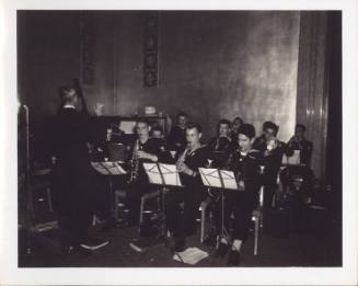 Black and white photograph of a U.S. Navy band playing