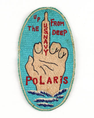Oval embroidered U.S. Navy Polaris missile patch with central image of a hand with middle finge…