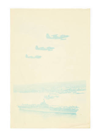 Printed blank off-white stationery sheet with a light blue scene of USS Intrepid at sea with a …