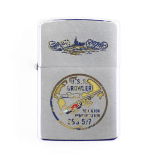 Lighter with engraved image of submarine dolphins on lid and circular USS Growler insignia on t…