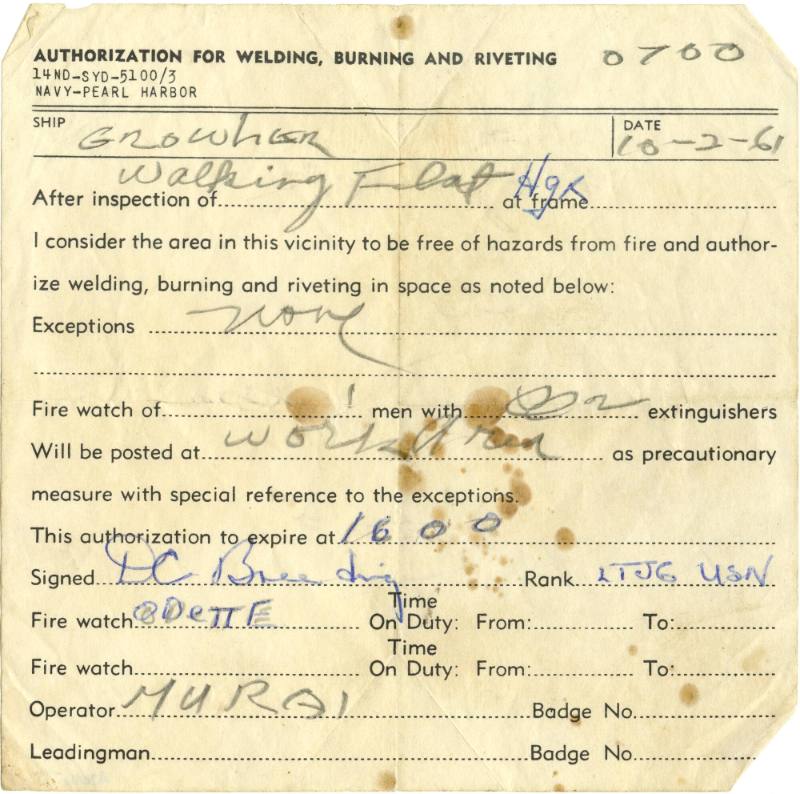 Paper “Authorization for Welding, Burning and Riveting” form, printed and handwritten inscripti…