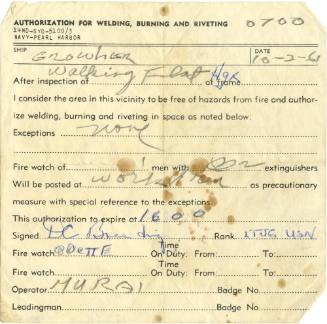 Paper “Authorization for Welding, Burning and Riveting” form, printed and handwritten inscripti…