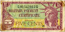 Colored “Military Payment Certificate” for five dollars, red and green US currency imagery arou…