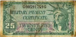 Colored “Military Payment Certificate” for twentyfive dollars, green US currency imagery around…