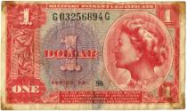 Colored “Military Payment Certificate” for one dollar, red US currency imagery around border an…