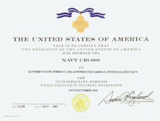 Printed Navy Cross certificate for Alfonso Chavarrias dated October 12, 2001