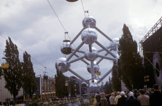 Digital color image of the Atomium at Expo 58, or the Brussels World's Fair with crowds around …
