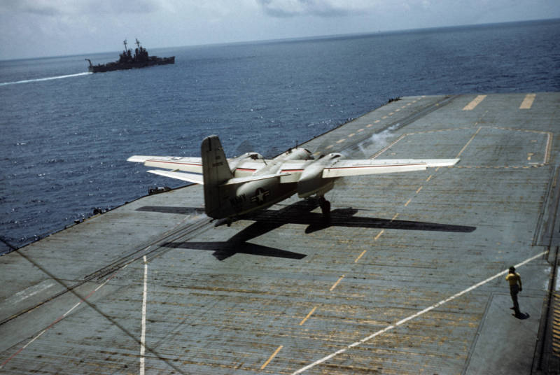 Digital color image of a Grumman S2F Tracker taking off from Intrepid's flight deck