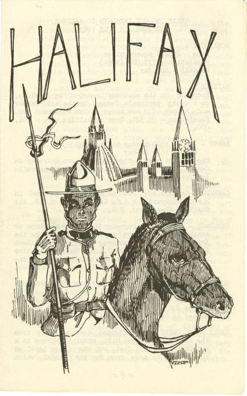 Booklet with black and white drawing of mounted police holding spear on horseback with castle i…