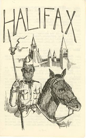 Booklet with black and white drawing of mounted police holding spear on horseback with castle i…