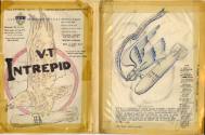 Hand drawn V-T Intrepid squadron logos taped to either side of an open manila folder depicting …