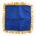 Blue silk pillowcase with yellow and pink fringe around all four edges