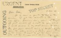 Paper card with handwritten inscription and block letter stamps that read “Urgent, Top Secret, …