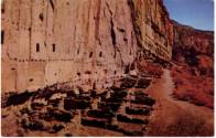 Printed postcard with color photograph of Long House of Bandelier in New Mexico