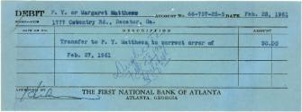 Printed bank transfer from the First National Bank of Atlanta from P.Y. or Margaret Matthews to…