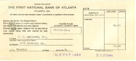 Printed deposit form for $50 to P.Y. Matthews, Jr. from the First National Bank of Atlanta date…