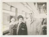 Black and white image of Pierce Yarrel Matthews Jr. and a woman at a train station 