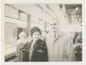 Black and white image of Pierce Yarrel Matthews Jr. and a woman at a train station 
