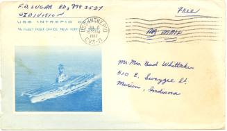 Envelope addressed to Mr. & Mrs. Bud Whittaker, with blue image of USS Intrepid at sea