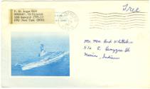 Handwritten envelope addressed to Mr. & Mrs. Bud Whittaker with a blue and white photograph of …